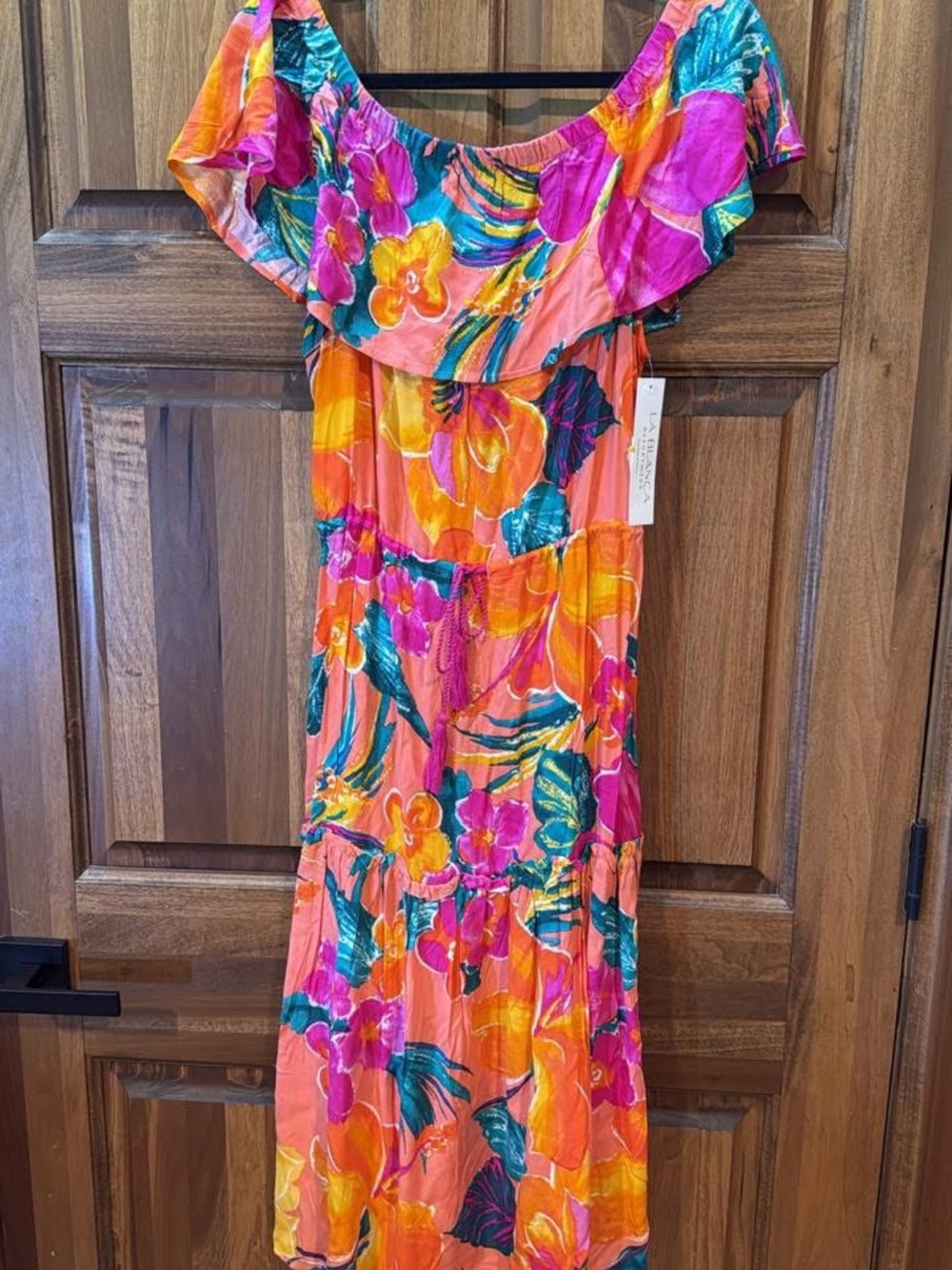 NWT La Blanca Off-Shoulder Tropical Floral Maxi Dress in Orange, Pink & Teal